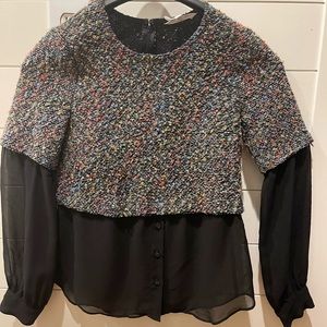 BCBG Generation top boucle shirt black sheer ruffle bottom XS